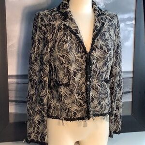 Jones New York Black Tan Floral Embroidered Lace Bow Accents Blazer Jacket Sz 4